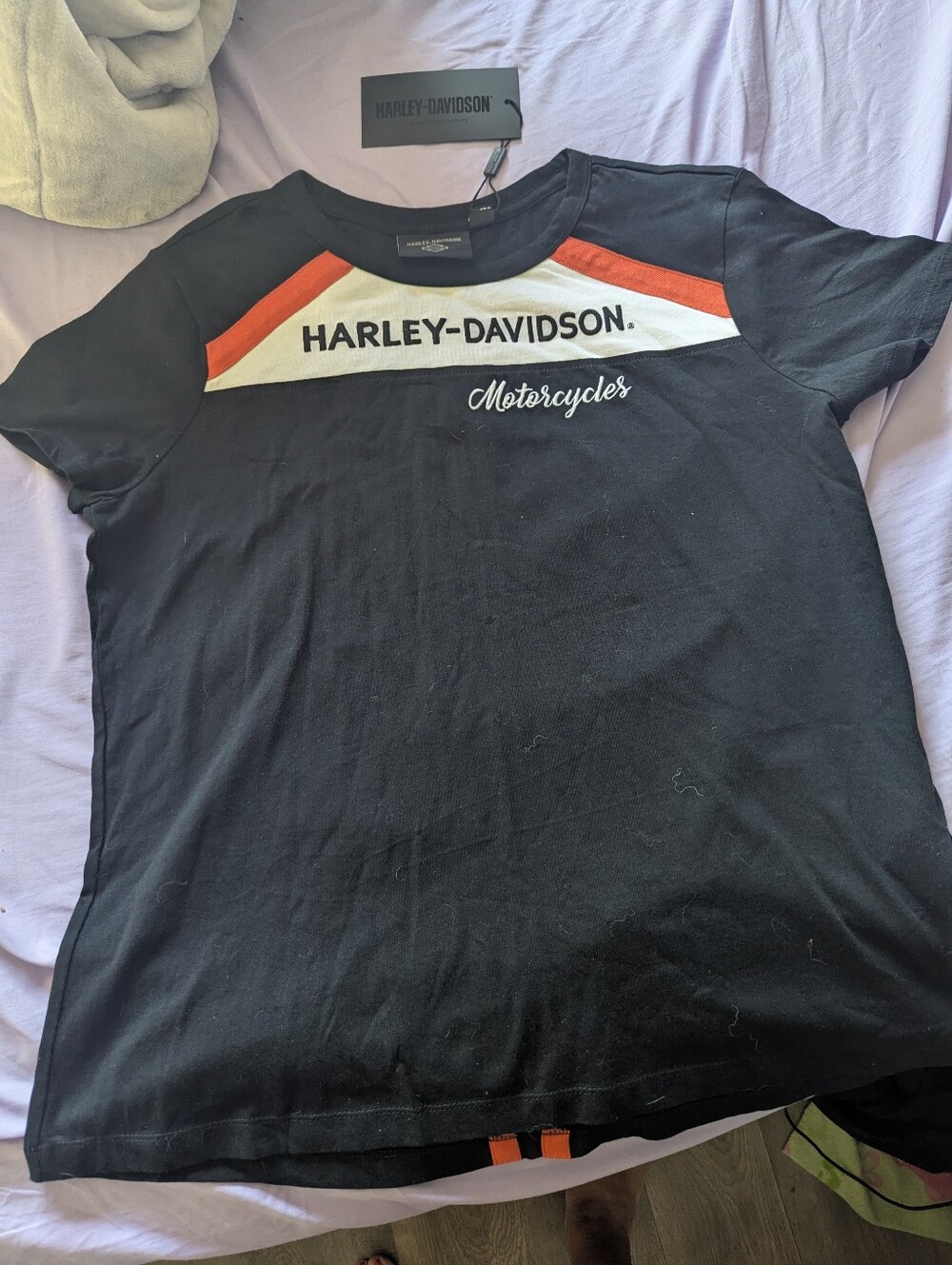 Harley-Davidson Black Tee with Orange & White Chevron women's XL